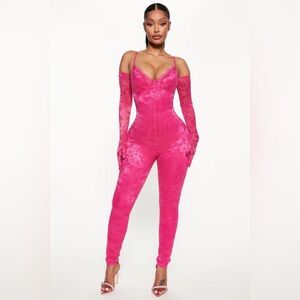 Fashion Nova Lily Lace Jumpsuit Set- Pink